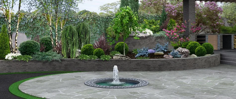 3D design of a patio, water feature, and wall in White Plains, NY.