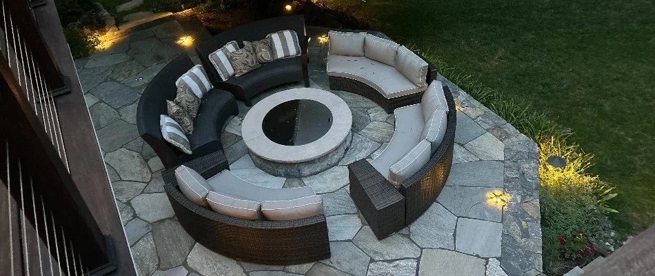 Aerial view of patio area with outdoor furniture in White Plains, NY.