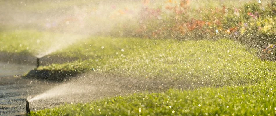 Lawn in White Plains, NY, being watered by sprinkler irrigation.