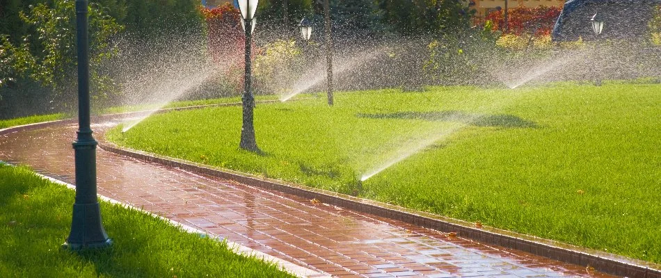 Lawn with sprinklers and lamp posts.