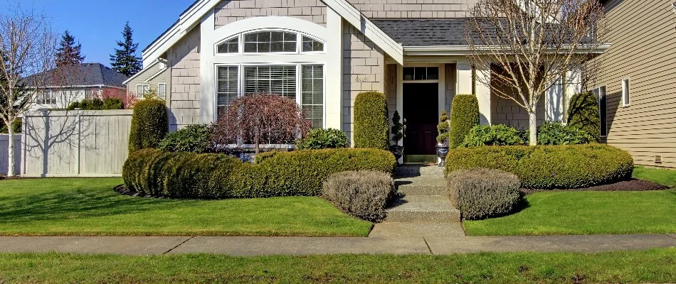 Green, manicured lawn with neat, trimmed shrubs on a property in White Plains, NY.