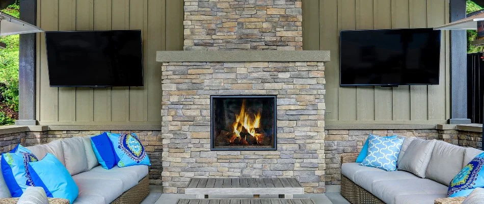 Stone outdoor fireplace in White Plains, NY, with TVs and seating.