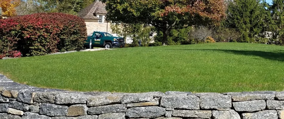 Stone retaining wall in White Plains, NY, with green grass.