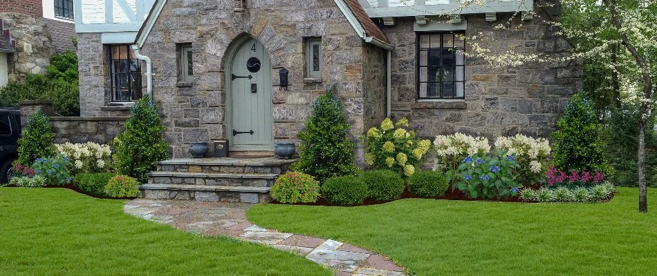 Trimmed shrubs in front of a house in White Plains, NY.